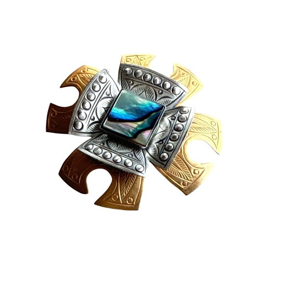 Vintage Gold & Silver Tone Abalone Brooch Pin With Intricate Engraved Design - Picture 5 of 5